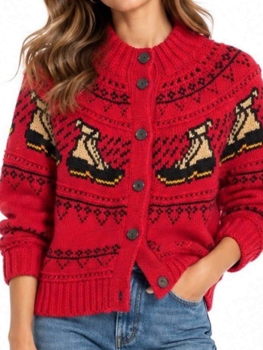 L.L.Bean Signature Cotton Fisherman Duck Boot Fair Isle Cardigan Sweater Sz L